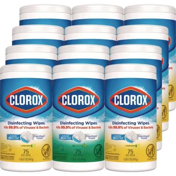Clorox Disinfecting Wipes, 1-Ply, 7 x 8, Fresh Scent/Citrus Blend, White, 75/Canister, 3/Pack, 4 Packs/Carton (30208)