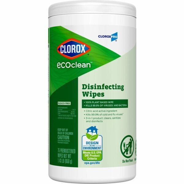 CloroxPro™ EcoClean Disinfecting Wipes For Multi Surface, Multipurpose - Ready-To-Use - Wipe - Disinfectant, Dye-free, Bleach-free, Ammonia-free - Green - 75 Each (60605)
