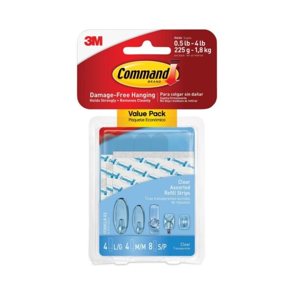 Command Assorted Refill Strips, Removable, (8) Small 0.75 x 1.75, (4) Medium 0.75 x 2.75, (4) Large 0.75 x 3.75, Clear, 16/Pack (17200CLRES)