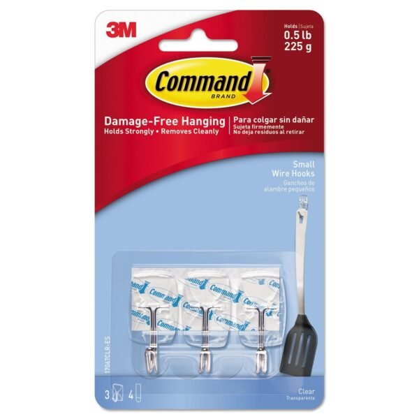 Command Clear Hooks and Strips, Small, Plastic/Metal, 0.5 lb Capacity, 3 Hooks and 4 Strips/Pack (17067CLRES)
