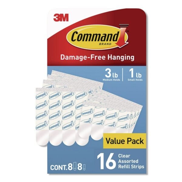 Command Damage-Free Hanging Clear Refill Strips, Value Pack Assortment: (8) Medium(0.73" x 2.75"), (8) Small (0.62" x 2.12"), 16/Pack (17200CLR16ES)