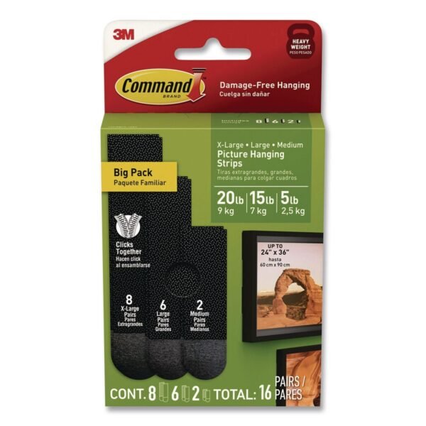 Command Damage-Free Hanging Picture Hanging Strip Pairs, (8) XL (0.86 x 4.37), (6) L (0.75" x 3.65"), (2) Med (0.75 x 2.75), Black (17218BLK16ES)
