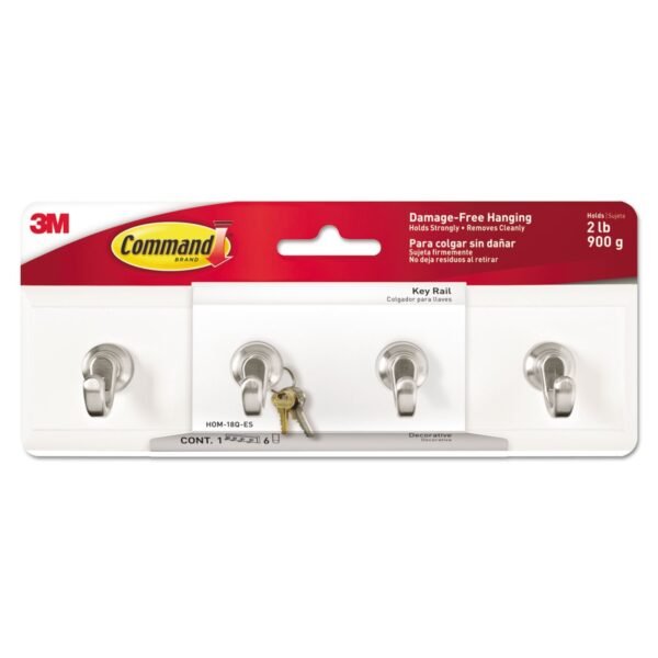 Command Decorative Key Rail, Plastic, Quartz/Silver, 8 x 1.5 x 2.13, 4 Hooks/Pack (HOM18QES)