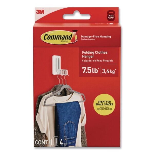 Command Folding Clothes Hanger Arm, Individual Slots for Five Clothes Hangers, Plastic, White, Supports 7.5 lb (17029ES)
