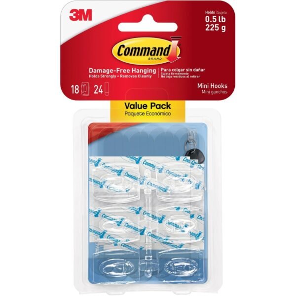 Command Mini Clear Hooks with Clear Strips 7.94 oz (225 g) Capacity - 1.1" Height x 0.9" Width x 1.1" Length - Plastic - Clear - 18 / Pack (17006CLRVP)