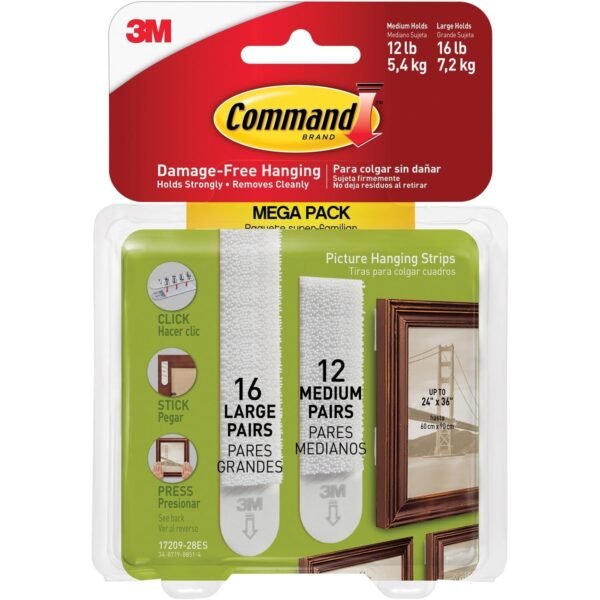 Command Picture Hanging Strips Mega Pack 3 lb (1.36 kg), 4 lb (1.81 kg) Capacity - for Pictures - White - 28 / Pack (1720928ES)