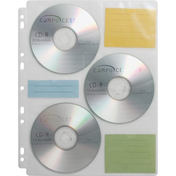 Compucessory CD/DVD Ring Binder Storage Pages 6 x CD/DVD Capacity - 9 x Holes - Ring Binder - Clear - Polypropylene - 25 / Pack (22297)