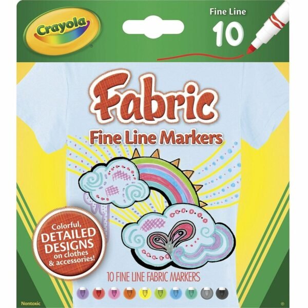 Crayola Bright Fabric Markers Fine Marker Point - Washable - Black, Blue, Brown, White, Gray, Lime, Pink, Red, Teal, Yellow Ink - 10 / Set (588626)