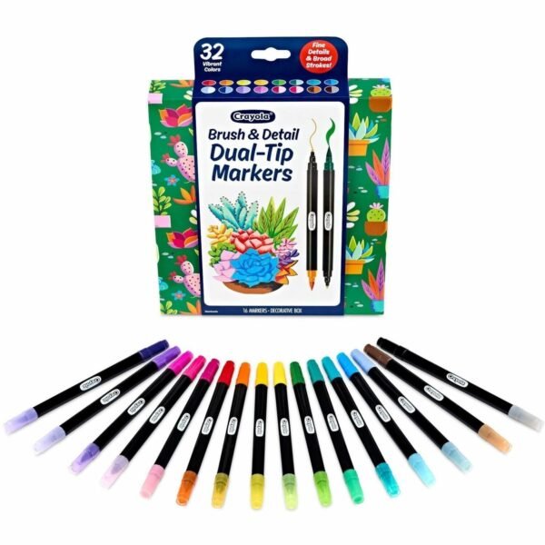 Crayola Dual-Ended Markers Brush, Ultra Fine, Chisel Marker Point - Multi Ink - Water Based - 16 / Pack (586755)