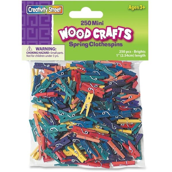 Creativity Street WoodCrafts Bright Mini Clothespins Mini - 1" Length x 1.5" Width - for Artwork - Assorted - Wood - 250 / Pack (367202)
