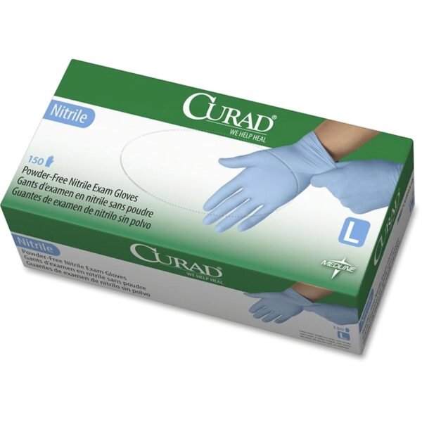 Curad Powder-free Nitrile Disposable Exam Gloves 9.50" Glove Length - Large Size - Full-Textured Design - Blue - Latex-free, Non-sterile, Chemical Resistant - For Medical - 150...