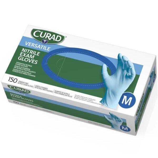 Curad Powder-free Nitrile Disposable Exam Gloves 9.50" Glove Length - Medium Size - Full-Textured Design - Blue - Latex-free, Non-sterile, Chemical Resistant - For Medical - 150...