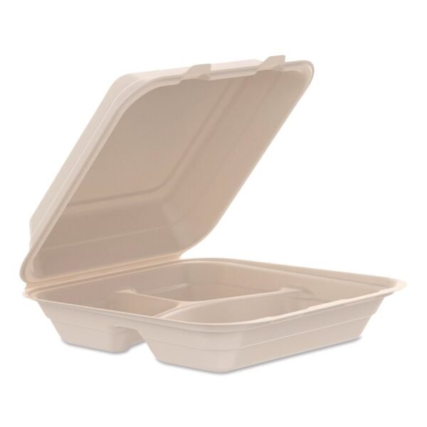 Dart Compostable Molded Fiber Hinged Trays, ProPlanet Seal, 3 Compartments, 9.14 x 9 x 2.98, Natural, 200/Carton (90FBRHT3)