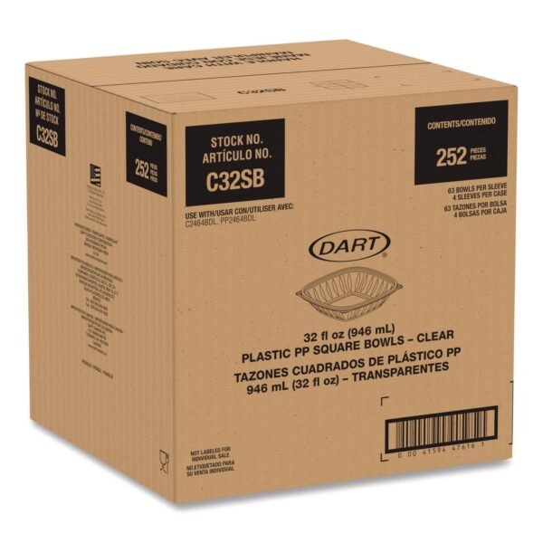 Dart Square Plastic Bowls, 32 oz, 5 x 5 x 1.49, Clear, Plastic, 63 Bowls/Sleeve, 4 Sleeves/Carton (C32SB)