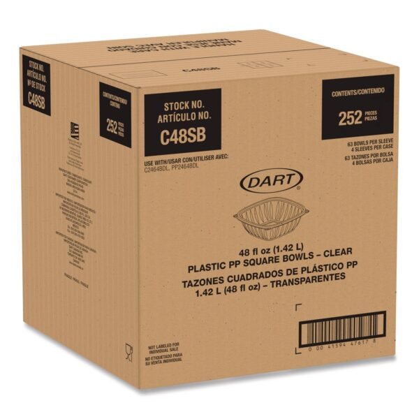 Dart Square Plastic Bowls, 48 oz, 5 x 5 x 2.55, Clear, Plastic, 63 Bowls/Sleeve, 4 Sleeves/Carton (C48SB)