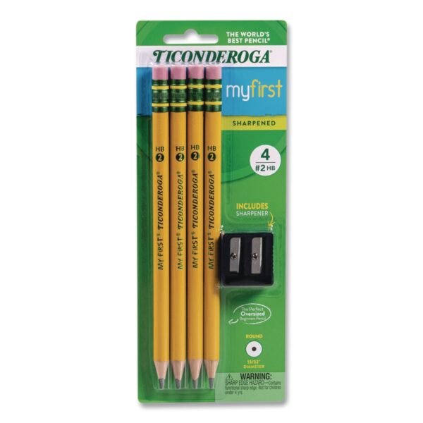 Dixon Ticonderoga My First Wooden Pencil, HB (#2), Black Lead, Yellow Barrel, 4/Pack (33309)