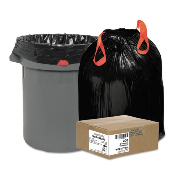 Draw 'n Tie Heavy-Duty Trash Bags, Drawstring, 30 gal, 1.2 mil, 30.5" x 33", Black, 25 Bags/Roll, 8 Rolls/Box (1DT200)
