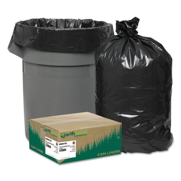 Earthsense Linear Low Density Recycled Can Liners, 56 gal, 1.25 mil, 43" x 48", Black, 10 Bags/Roll, 10 Rolls/Carton (RNW4750)