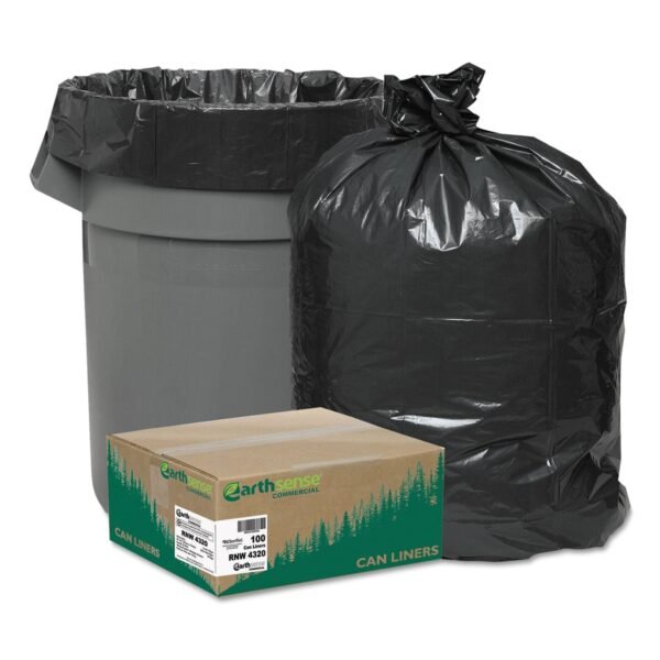 Earthsense Linear Low Density Recycled Can Liners, 56 gal, 2 mil, 43" x 47", Black, 10 Bags/Roll, 10 Rolls/Carton (RNW4320)