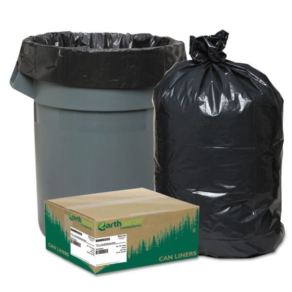 Earthsense Linear Low Density Recycled Can Liners, 60 gal, 1.25 mil, 38" x 58", Black, 10 Bags/Roll, 10 Rolls/Carton (RNW6050)