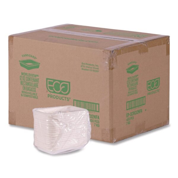 Eco-Products WorldView Vanguard Rectangular Container, 12 oz, 7 x 4.75 x 1, Sugarcane Fiber, White, 400/Carton (EPSCRC12NFA)