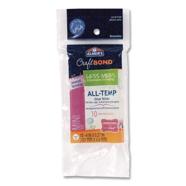 Elmer's Craftbond Less Mess All-Temp Glue Sticks, Mini, 0.27 x 4, Dries Clear, 10/Pack (E6054)