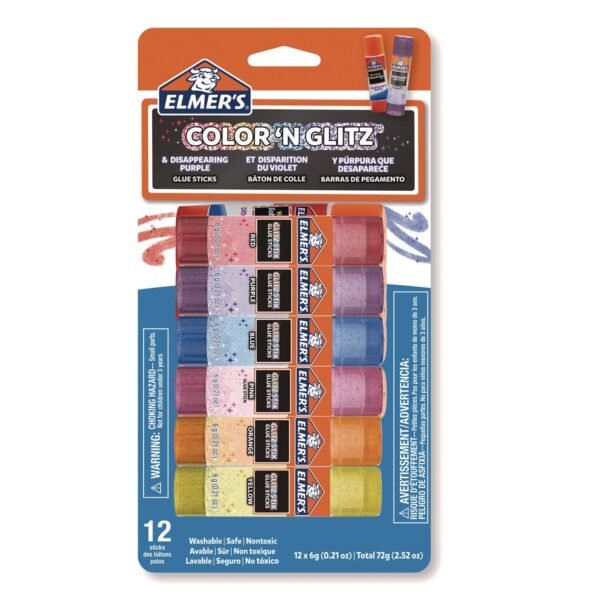Elmer's Glitter Glue Sticks, Applies Assorted Colors, 0.21 oz, Dries Clear Glitter, 12/Pack (2197116)