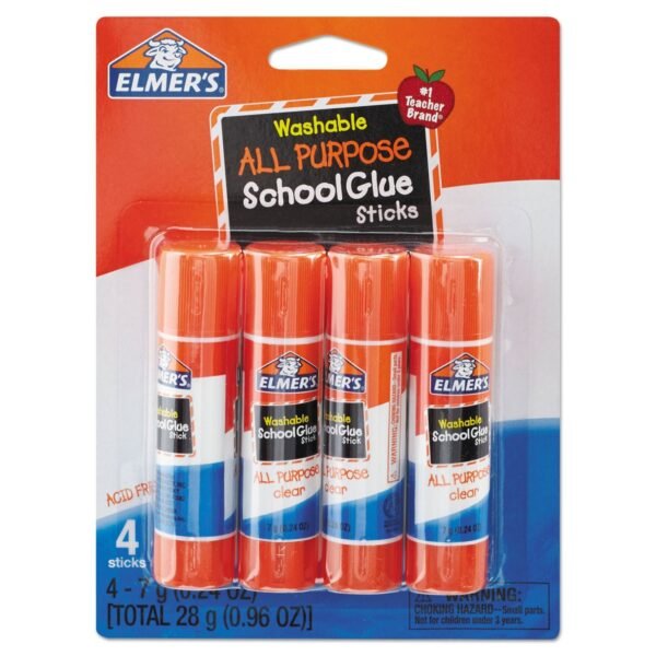 Elmer's Washable School Glue Sticks, 0.24 oz, Applies and Dries Clear, 4/Pack (E542)