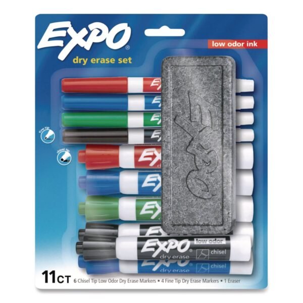 EXPO Low-Odor, Dry Erase 10-Color Marker and Eraser Set, Broad Chisel/Fine Bullet Tips, Assorted Colors, 11 Pieces/Set (2211243)