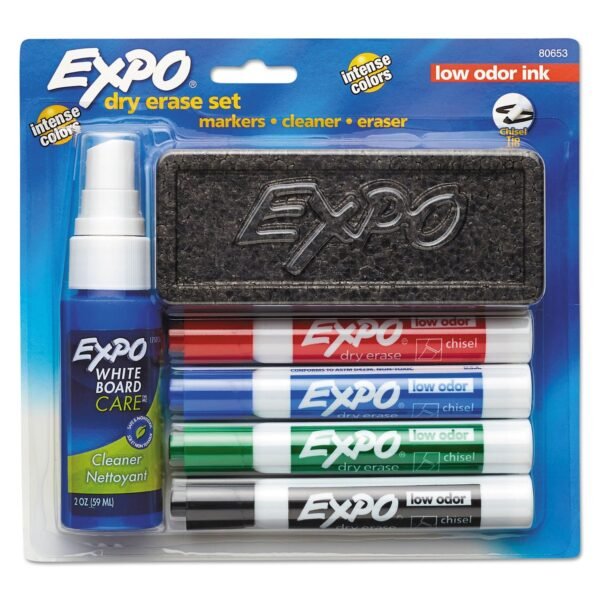 EXPO Low-Odor Dry Erase Marker Starter Set, Broad Chisel Tip, Assorted Colors, 4/Set (80653)