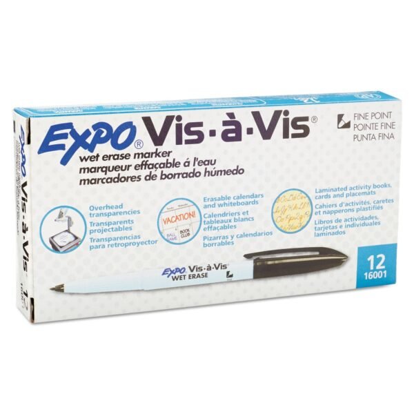 EXPO Vis-a-Vis Wet Erase Marker, Fine Bullet Tip, Black, Dozen (16001)