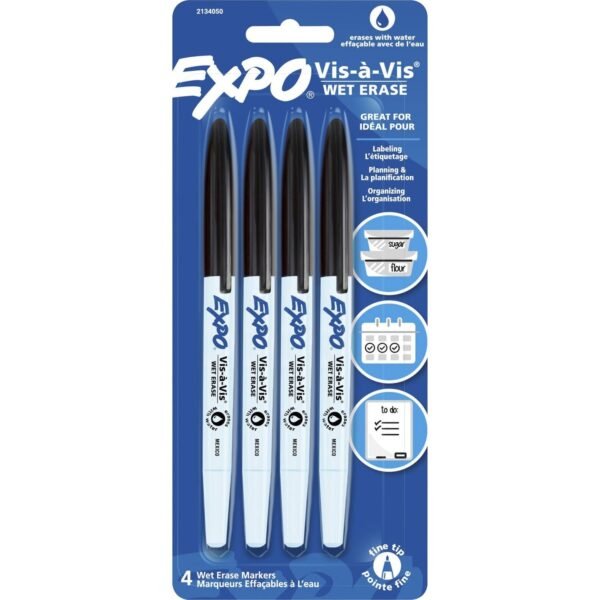 Expo Vis-A-Vis Wet-Erase Markers Fine Marker Point - Black Ink - Solvent Based - Gray Barrel - 4 / Pack (2134050)