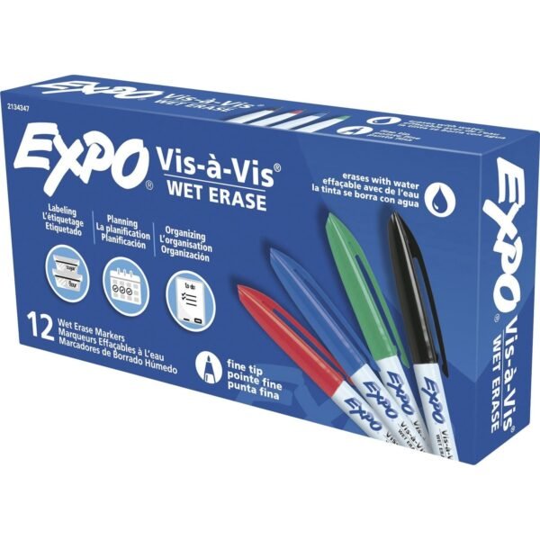 Expo Vis-A-Vis Wet-Erase Markers Fine Marker Point - Black, Red, Green, Blue Ink - 1 Dozen (2134347)