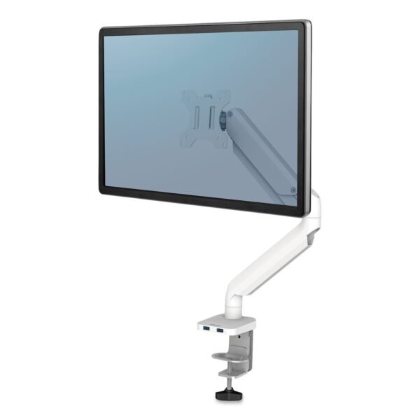 Fellowes Platinum Series Single Monitor Arm, For 27" Monitors, 360 deg Rotation, 45 deg Tilt, 180 deg Pan, White, Supports 20 lb Height Adjustable - 1 Display(s) Supported - 32"...