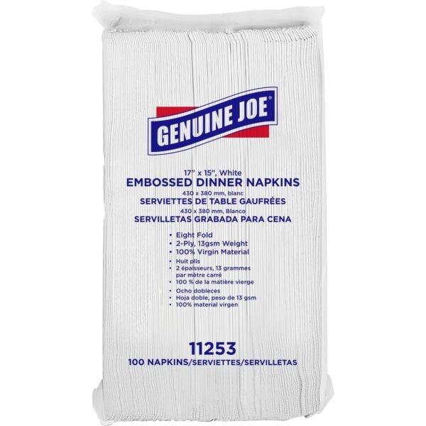 Genuine Joe Embossed Dinner Napkins 2 Ply - 1/8 Fold - 17" Width x 15" Length - White - 100/Pack - 30 / Carton (GJO11253)