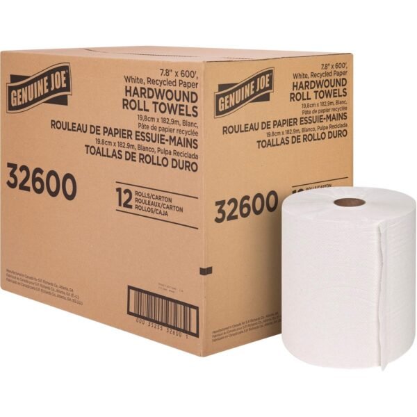 Genuine Joe Hardwound Roll Paper Towels 7.80" Width x 600 ft Length - 2" Core - Embossed Design - White - Paper - 12 / Carton (GJO32600)
