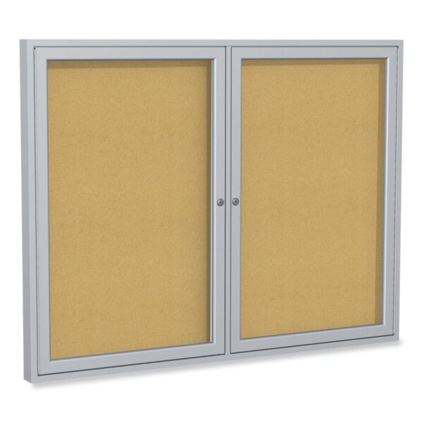 Ghent 2 Door Enclosed Natural Cork Bulletin Board with Satin Aluminum Frame, 48 x 36, Tan Surface (PA23648K)