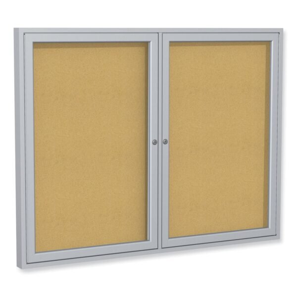 Ghent 2 Door Enclosed Natural Cork Bulletin Board with Satin Aluminum Frame, 72 x 36, Tan Surface (PA33672K)
