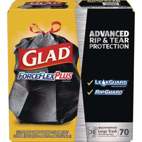 Glad ForceFlexPlus Drawstring Large Trash Bags, 30 gal, 1.05 mil, 30" x 32", Black, 70/Box (70358)