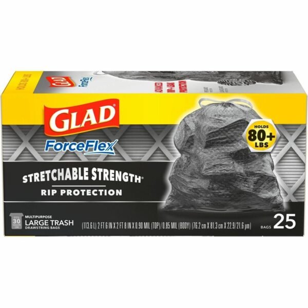 Glad ForceFlexPlus Large Drawstring Trash Bags Large Size - 30 gal Capacity - 25.13" Length x 24" Width - Drawstring Closure - Black - Plastic - Home, Office, Can, Kitchen, Day...