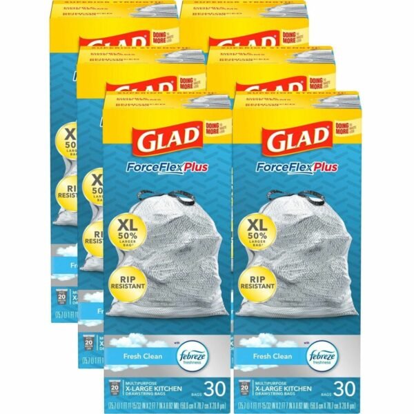 Glad ForceFlexPlus X-Large Kitchen Drawstring Bags Fresh Clean with Febreze Freshness - Large Size - 20 gal Capacity - 32.01" Length x 24.02" Width - Drawstring Closure - Gray -...