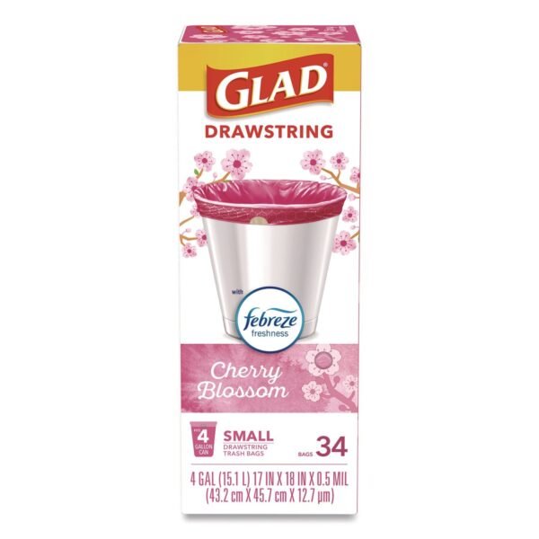 Glad OdorShield Small Drawstring Trash Bags, 4 gal, Cherry Blossom Scent, 0.5 mil, 18" x 17", Pink, 34/Box (79274)
