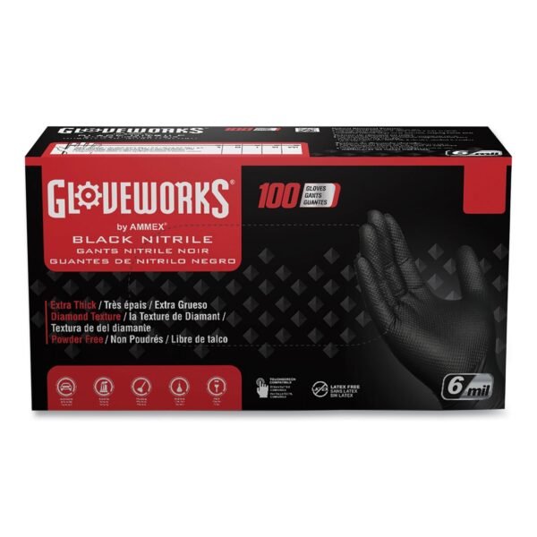 GloveWorks by AMMEX Heavy-Duty Industrial Nitrile Gloves, Powder-Free, 6 mil, X-Large, Black, 100 Gloves/Box, 10 Boxes/Carton (GWBN48100)