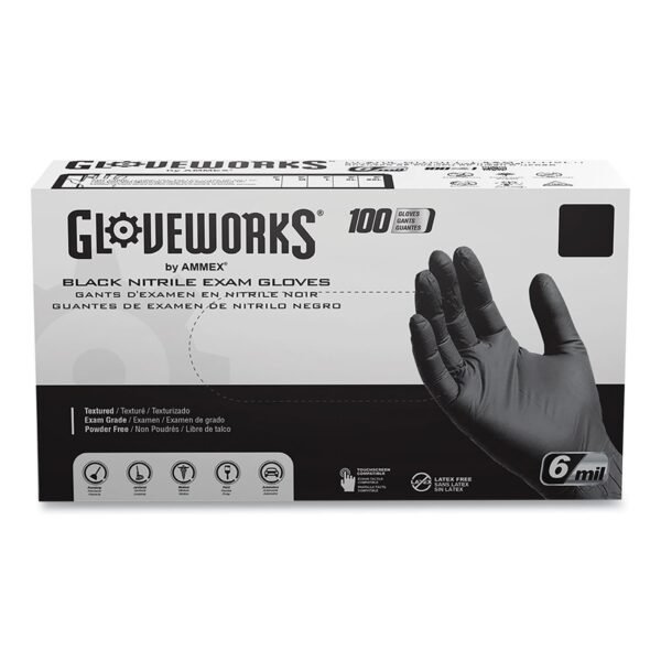 GloveWorks by AMMEX Nitrile Exam Gloves, Powder-Free, 6 mil, Small, Black, 100 Gloves/Box, 10/Carton (GWBEN42100)