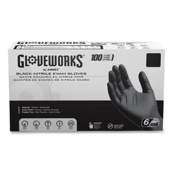 GloveWorks by AMMEX Nitrile Exam Gloves, Powder-Free, 6 mil, X-Large, Black, 100 Gloves/Box, 10 Boxes/Carton (GWBEN48100CT)