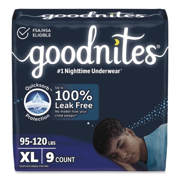 Goodnites Nighttime Bedwetting Underwear for Boys, X-Large, 95 lbs to 140+ lbs, White, 9/Pack, 4 Packs/Carton (55592)