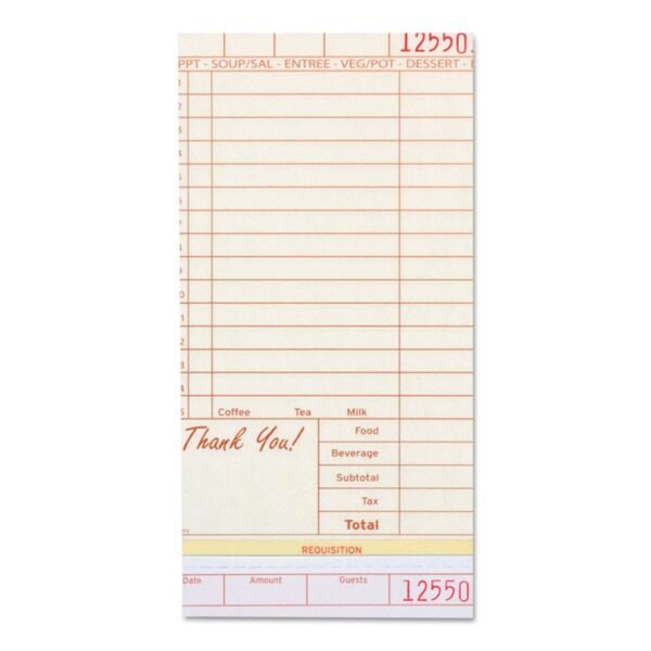 Guest Check Loose-pack Refill, 15 Lines, Three-part Carbonless, 4.2 X 8.5, 200 Forms/pad, 10 Pads/carton