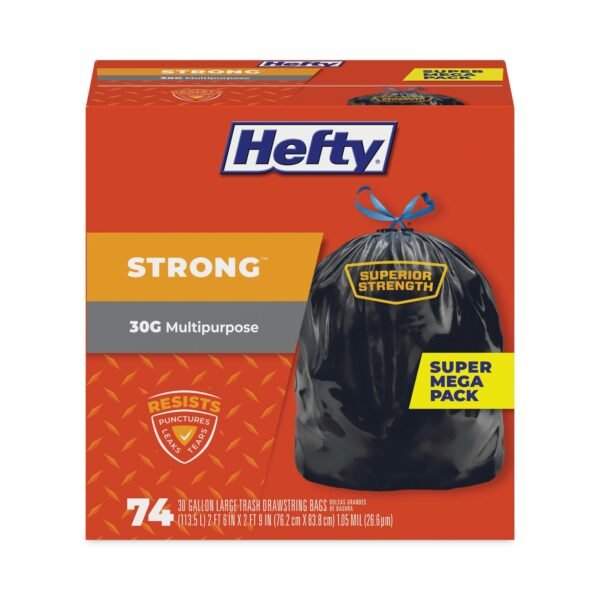 Hefty Strong Multipurpose Drawstring Trash Bags, 30 gal, 1.1 mil, 30" x 33", Black, 74 Bags/Box, 3 Boxes/Carton (E85274CT)
