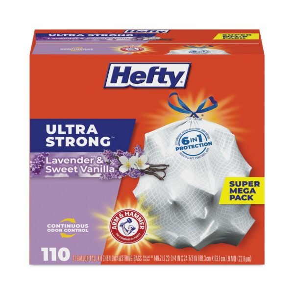 Hefty Ultra Strong Scented Tall Kitchen Bags, Drawstring, 13 gal, Lavender/Vanilla, 23.75" x 24.88", White, 110/Box, 3 Boxes/Carton (E88366CT)