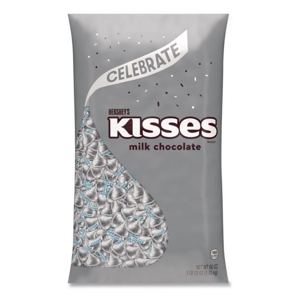 Hershey's KISSES Milk Chocolate Candy, Silver Foils, 60 oz Bag (HEC33458)